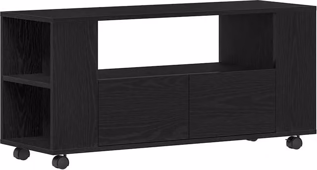 Mobile porta TV moderno DESIGN IN con ruote in finitura rovere nero e nero opaco, L/P/H: 102 x 34,5 x 43 cm