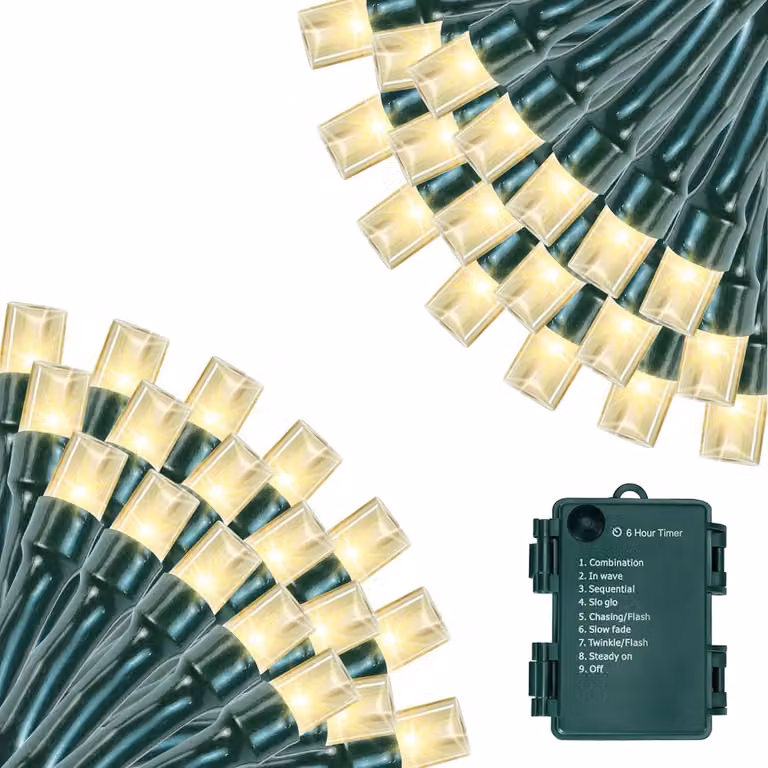Catena luminosa a LED, 10 metri, luce bianco caldo, con timer e 8 modalità, alimentata a batteria