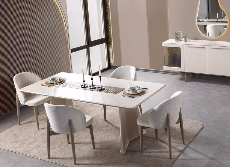Tavolo da pranzo con 4 sedie, stile moderno, colore bianco, pratico