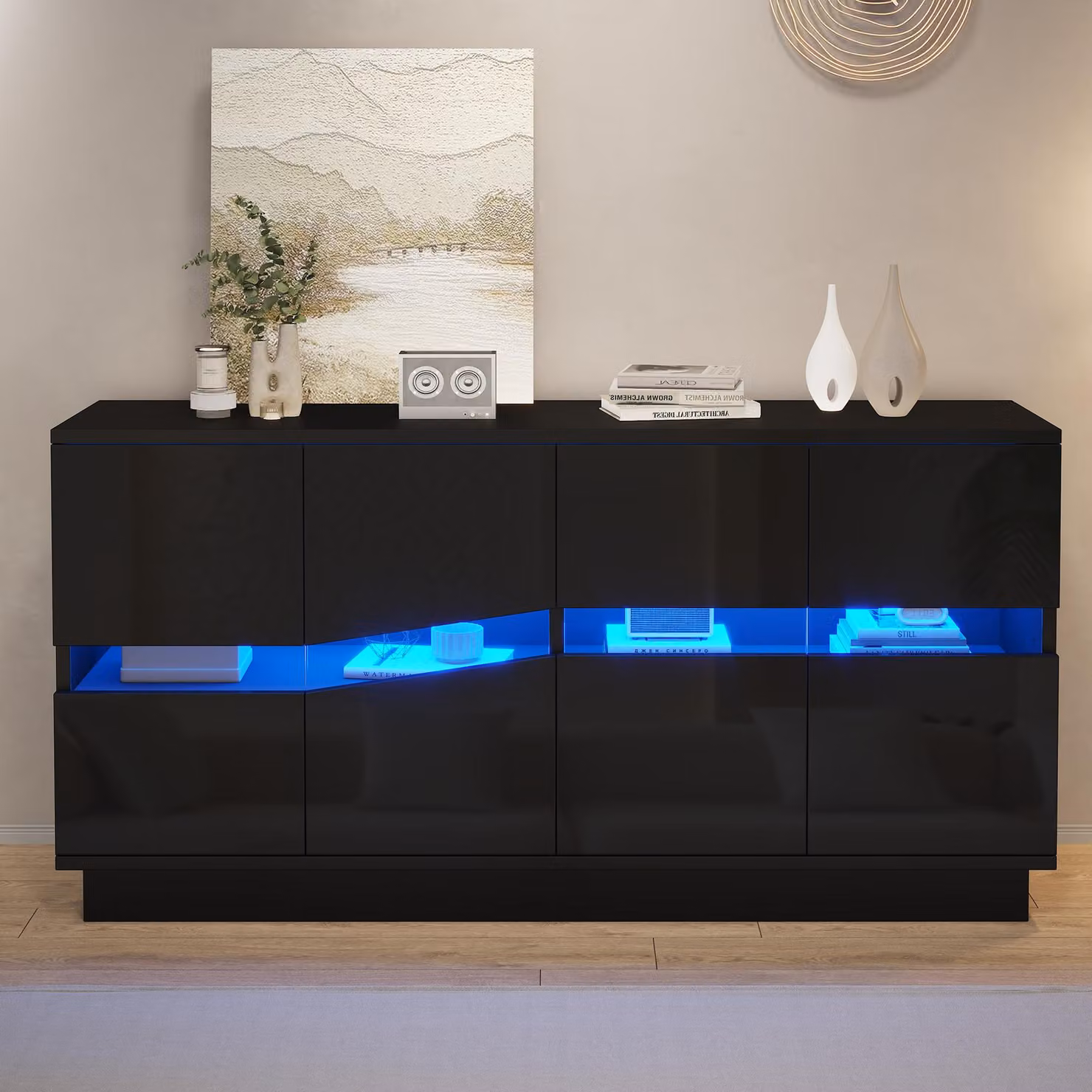 Mobile bar con ante lucide Merax, dotato di 4 ante e ripiani regolabili, sistema di apertura a pressione, comò con illuminazione LED Bluetooth, frontali geometrici in acrilico, ideale per il soggiorno, colore nero