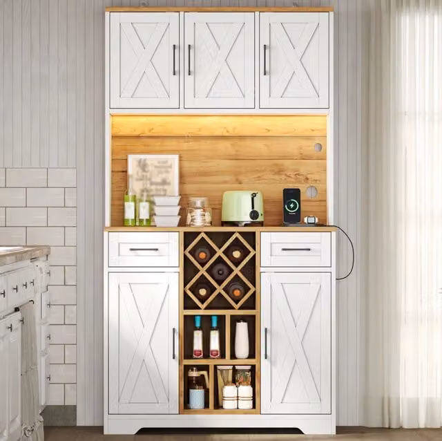 Mobiletto cucina alto con LED RGB; 2 cassetti; portabottiglie estraibile; MDF; Natural e bianco