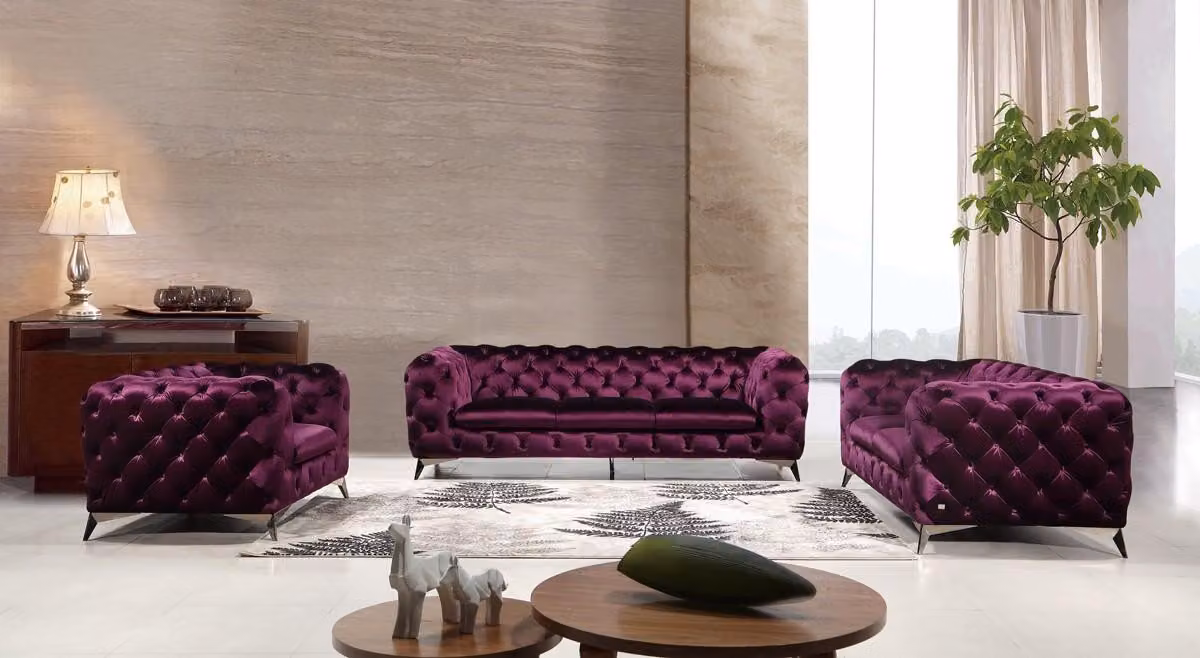 Luxus Hochwertige Sofa Couch Polster Sitz 3+2+1 Garnitur Chesterfield Lila