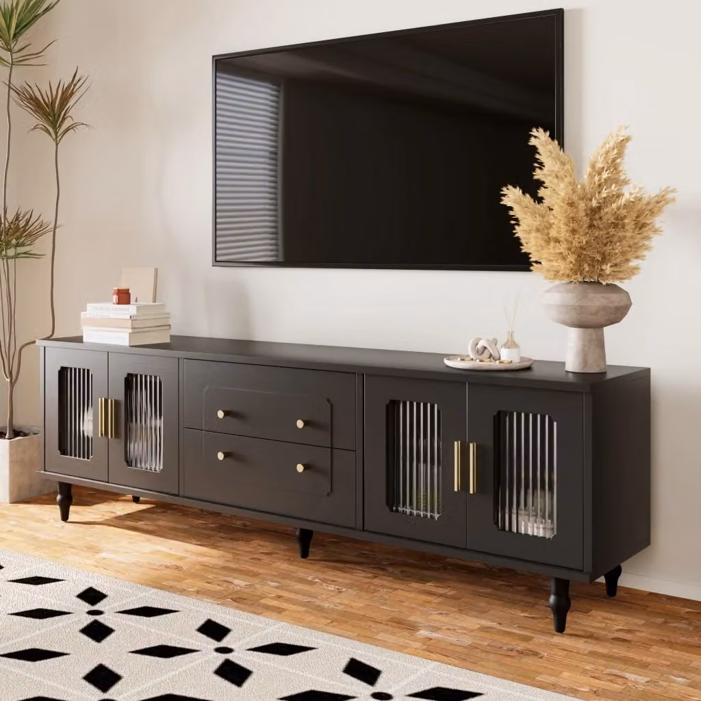 Mobile TV Zephmum nero con porta in vetro e gambe in legno massello L: 175,0 cm, P: 38,0 cm, H: 55,5 cm – 2