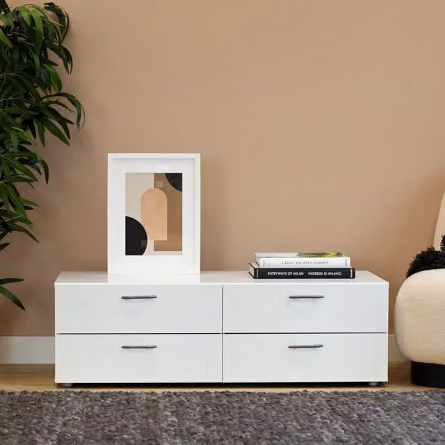 Cassettiera Gignod DMORA, Settimino multiuso per camera da letto o ufficio, Bianco opaco, L: 111 cm, P: 52 cm, H: 35 cm