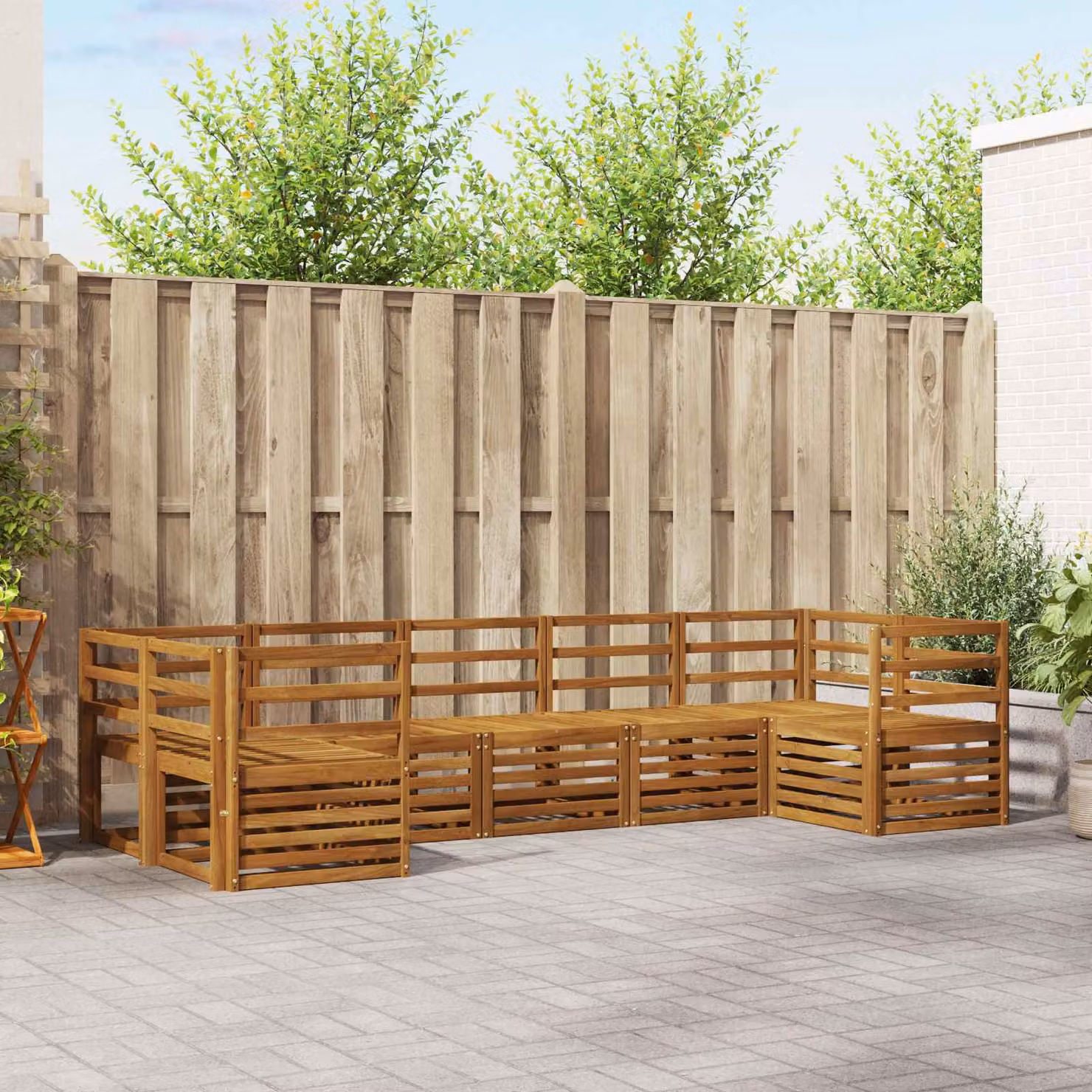 Set di divani da esterno vidaXL a forma di L in legno di acacia marrone con 7 pezzi e cuscini inclusi