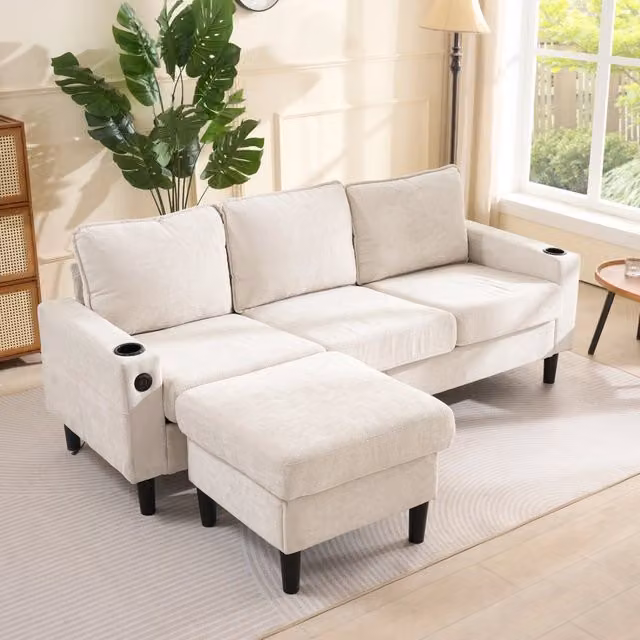Divano angolare modulare con pouf USB e Type C due portabevande e tasche laterali in lino beige 202 × 137 × 80 cm