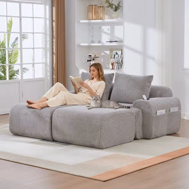 Divano modulare componibile 2 posti con portabicchieri e tasca laterale in corduroy grigio chiaro 200 × 174 × 80 cm