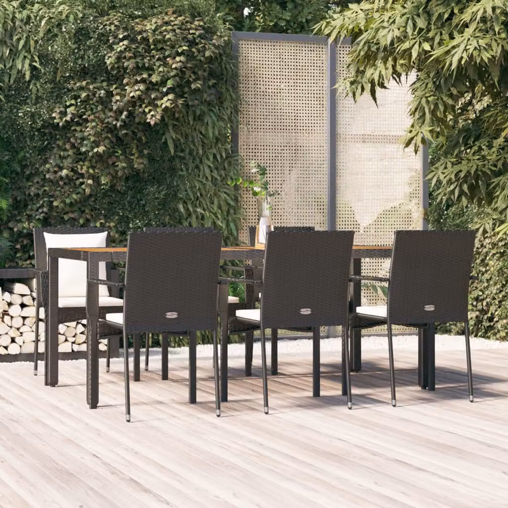 Set da pranzo da giardino vidaXL in polyrattan e legno di acacia nero e bianco con 7 pezzi