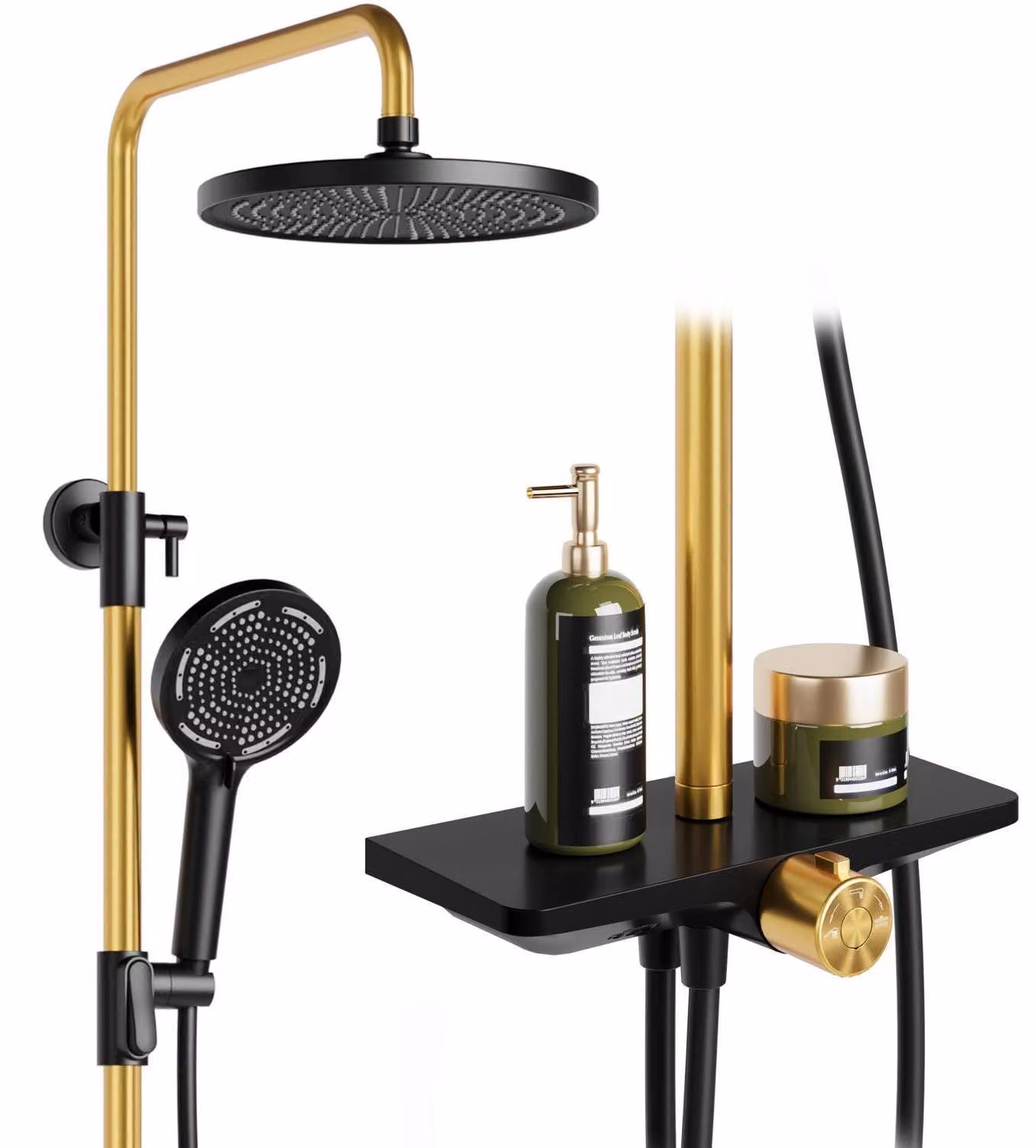 Sistema doccia Regendusche con ripiano, acciaio inossidabile, colonna regolabile, diametro 25 cm, nero e oro