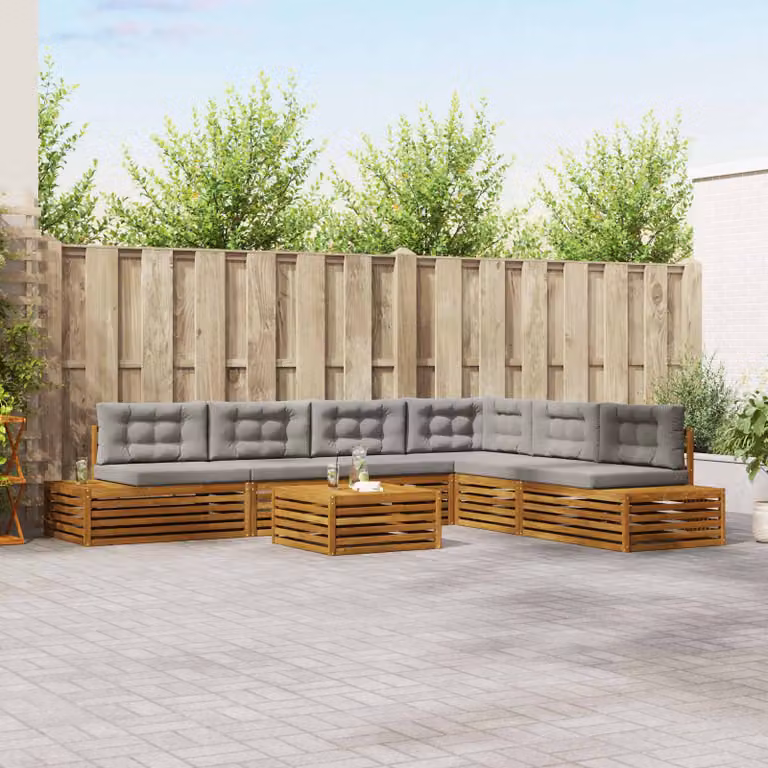 Set di divani da esterno a L vidaXL in legno di acacia con cuscini inclusi, colore grigio e marrone