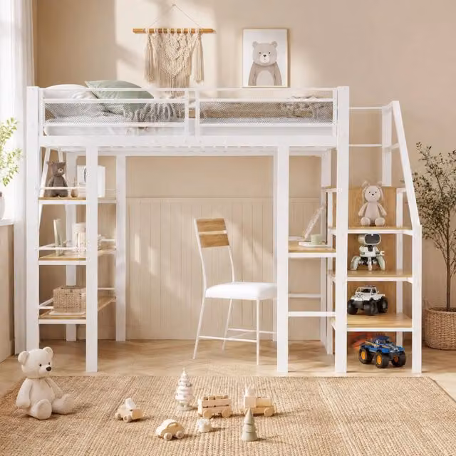 Letto a soppalco 140x200 cm in metallo bianco con scrivania, armadio e scaffale