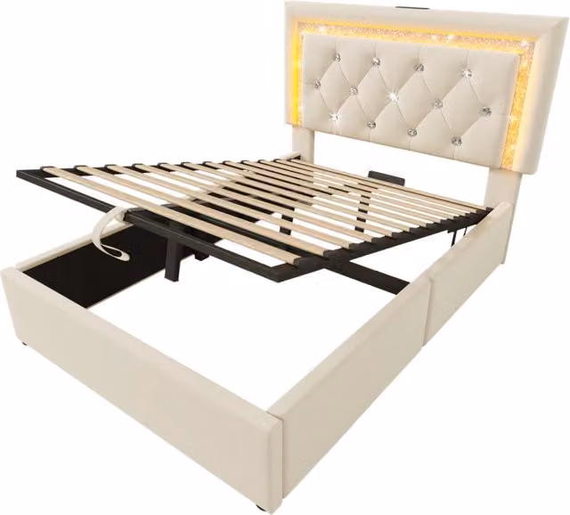 Letto singolo imbottito 90x200 cm in velluto beige con LED integrato, stazione di ricarica USB e Type-C, contenitore idraulico e materasso incluso