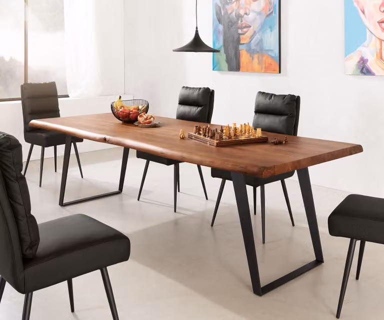 DELIFE Tavolo da pranzo Edge, 260x100 cm, XL, acacia marrone, metallo, design inclinato, bordo naturale