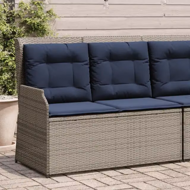 Panchina da giardino reclinabile vidaXL in polyrattan e metallo con cuscini grigi e blu
