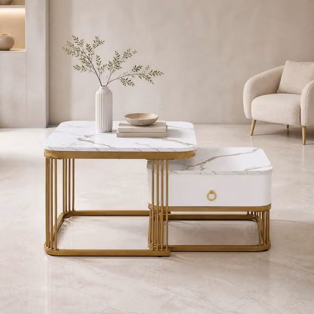 Set 2 tavolini 60x60x45 e 50x50x34 cm bianco MDF, con cassetto