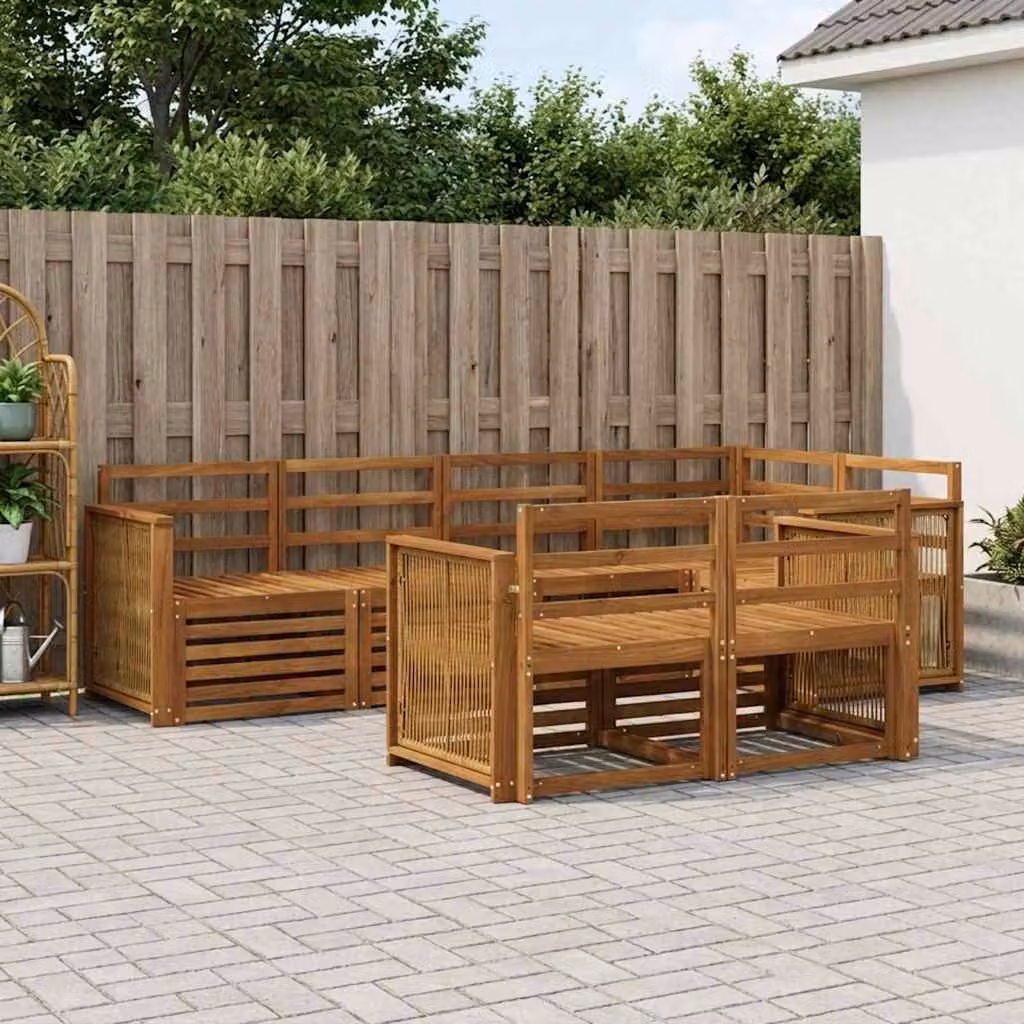 Set di divani da esterno vidaXL in legno di acacia massello con cuscini, composizione a L, colore marrone e bianco