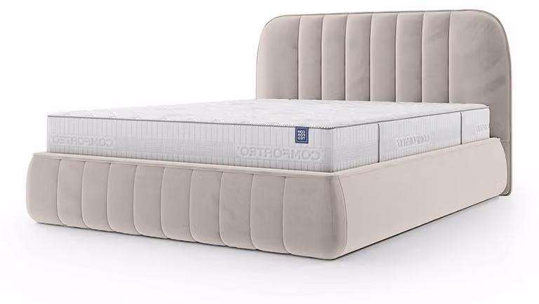 Letto imbottito con contenitore Carla, colore bianco lino, dimensioni 180 x 200 cm