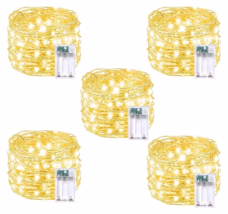 Confezione da 5 catene luminose a LED, lunghezza 5 metri, 50 LED bianco caldo, con timer, grado di protezione IP65