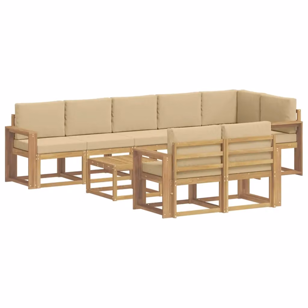 Set di divani da esterno a L con tavolino vidaXL, 9 pezzi, Bianco e Beige, in legno di acacia e tessuto resistente alle intemperie – 2