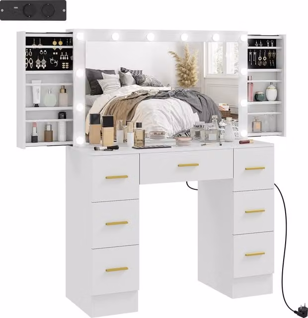 Tavolo da Trucco HOMCOM con Specchio e 12 Luci LED, Consolle con 7 Cassetti e 6 Scomparti Nascosti, Bianco – 1