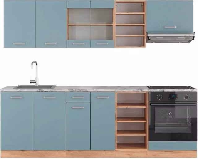 Cucina componibile moderna Vicco R-Line in legno e metallo, Grigio-blu e Rovere, L: 240 cm, P: 60 cm, H: 206,8 cm – 1