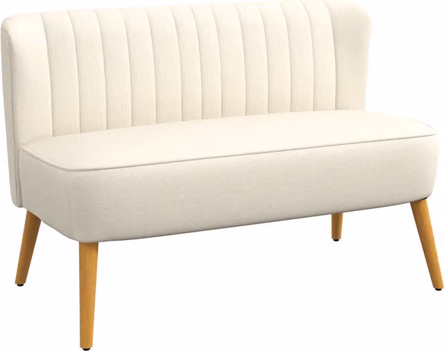 Divano 2 Posti HOMCOM in Tessuto Effetto Lino Senza Braccioli, Imbottito con Gambe in Legno di Caucciù, L: 117 cm, P: 56.5 cm, H: 77 cm, Crema