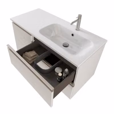 Mobile bagno sospeso Inbagno Master bianco opaco con lavabo a destra, cassetti, anta e specchio con illuminazione LED, L: 100 cm, P: 45 cm, H: 50 cm – 2