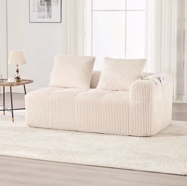 Divano 2 posti 158x93x61 cm in corduroy beige, con portabevande, per spazi piccoli –