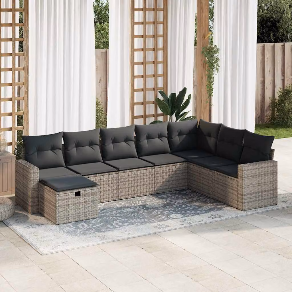Set Divano da Giardino vidaXL 8 pz in Polyrattan Grigio con Cuscini e Forma a L