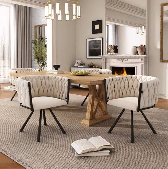 Set di 4 sedie da pranzo girevoli 360° in velluto beige con struttura in acciaio