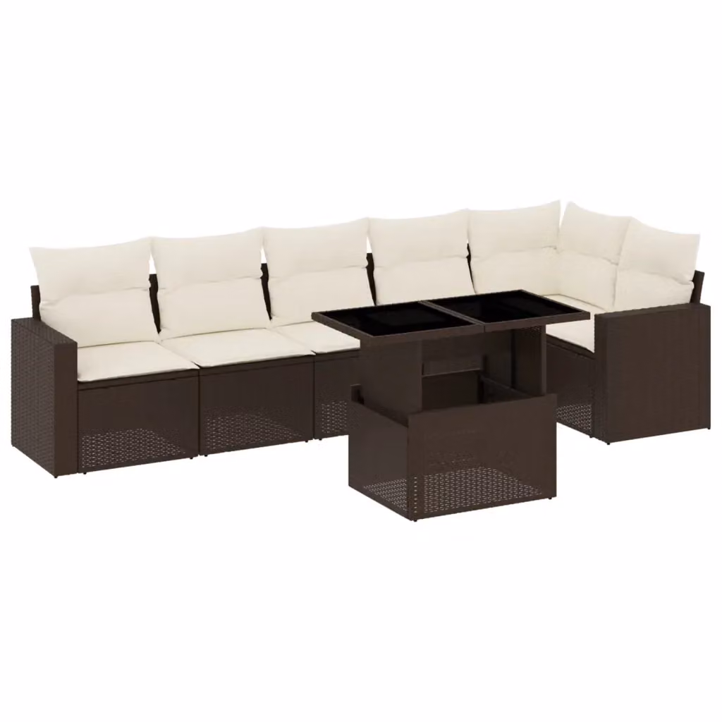 Set di divani da giardino vidaXL a forma di L composto da 7 pezzi con cuscini marroni e bianchi in polyrattan e metallo – 2
