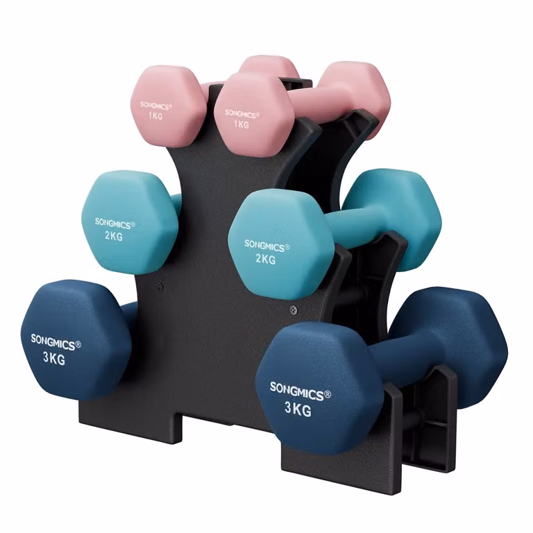 Set di Manubri con Supporto, Rosa + Blu Chiaro + Blu Scuro