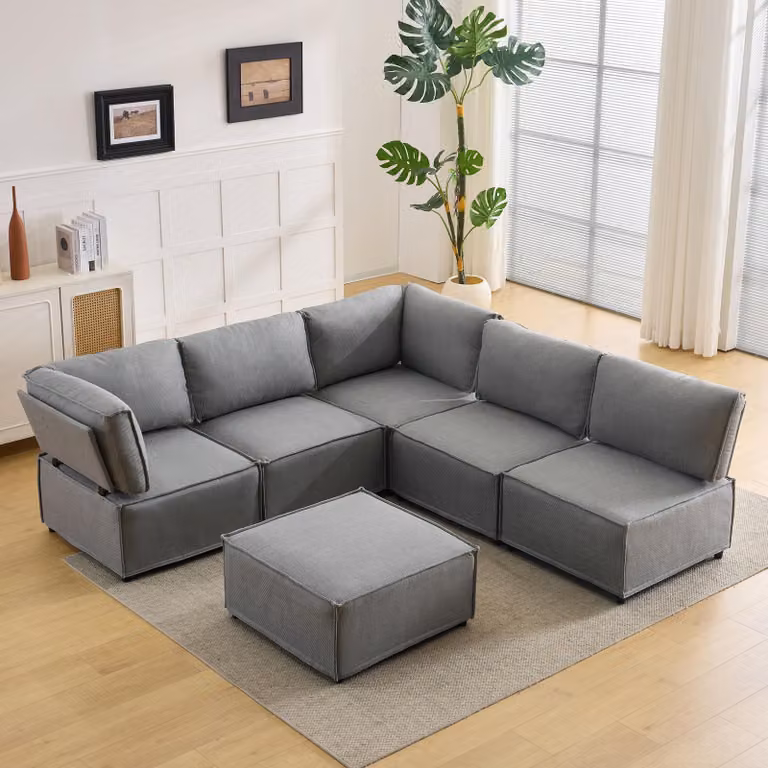 Divano Modular Modfu, 6 Posti, Design Angolare A "L", Divano Relax Con Pouff, Tessuto In Lino, Design Moderno, Colore Grigio Chiaro
