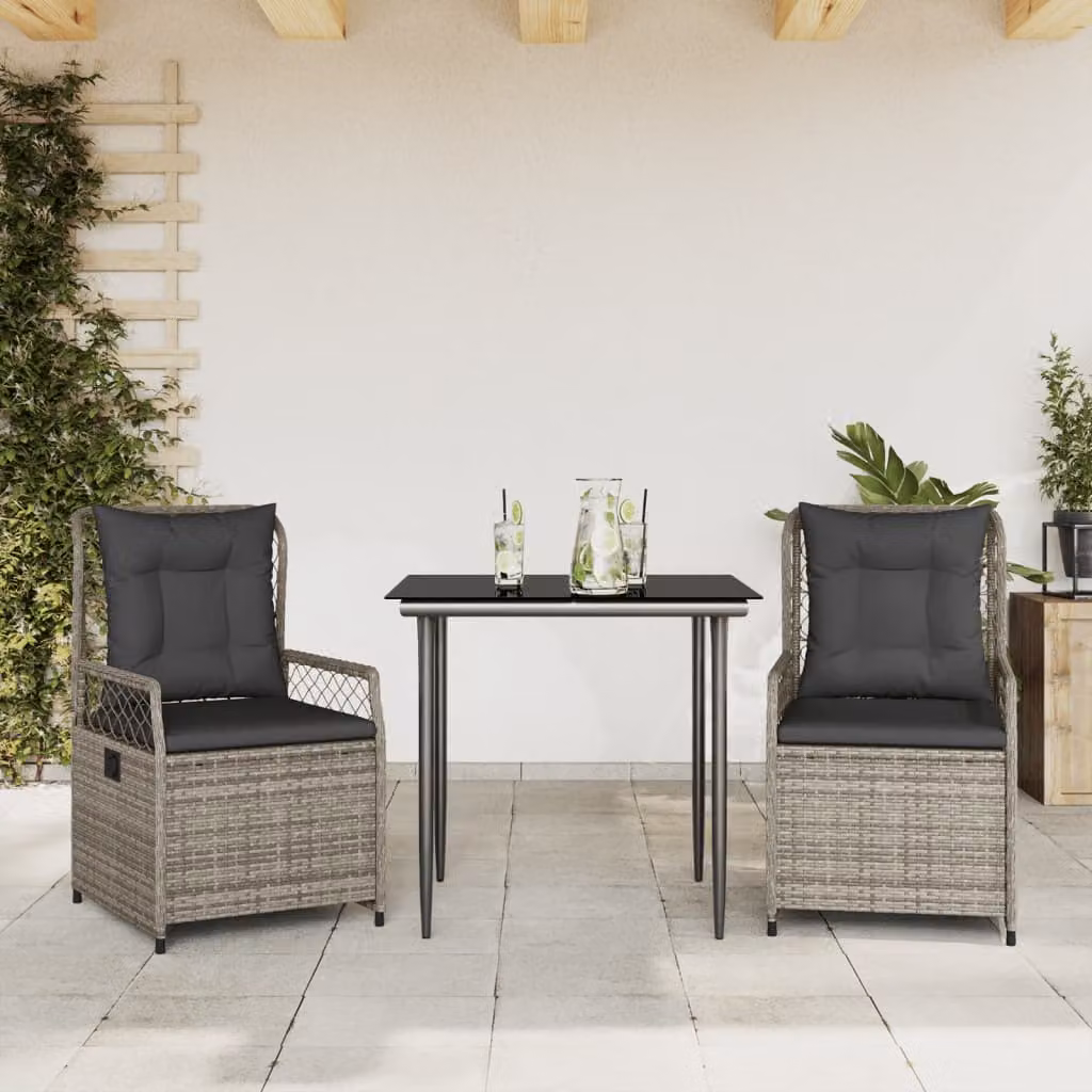 Set da Pranzo da Giardino vidaXL in Polyrattan e Vetro Grigio e Nero con 3 Pezzi e Cuscini – 1