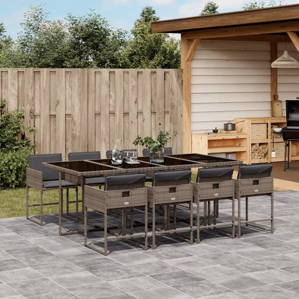 vidaXL Set da Pranzo da Giardino 9 pz in Polyrattan Grigio con Piano in Vetro – 1