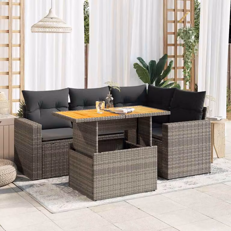 Set Divano da Giardino vidaXL 5 pz a Forma a L con Tavolino e Cuscini Grigio in Polyrattan e Legno di Acacia