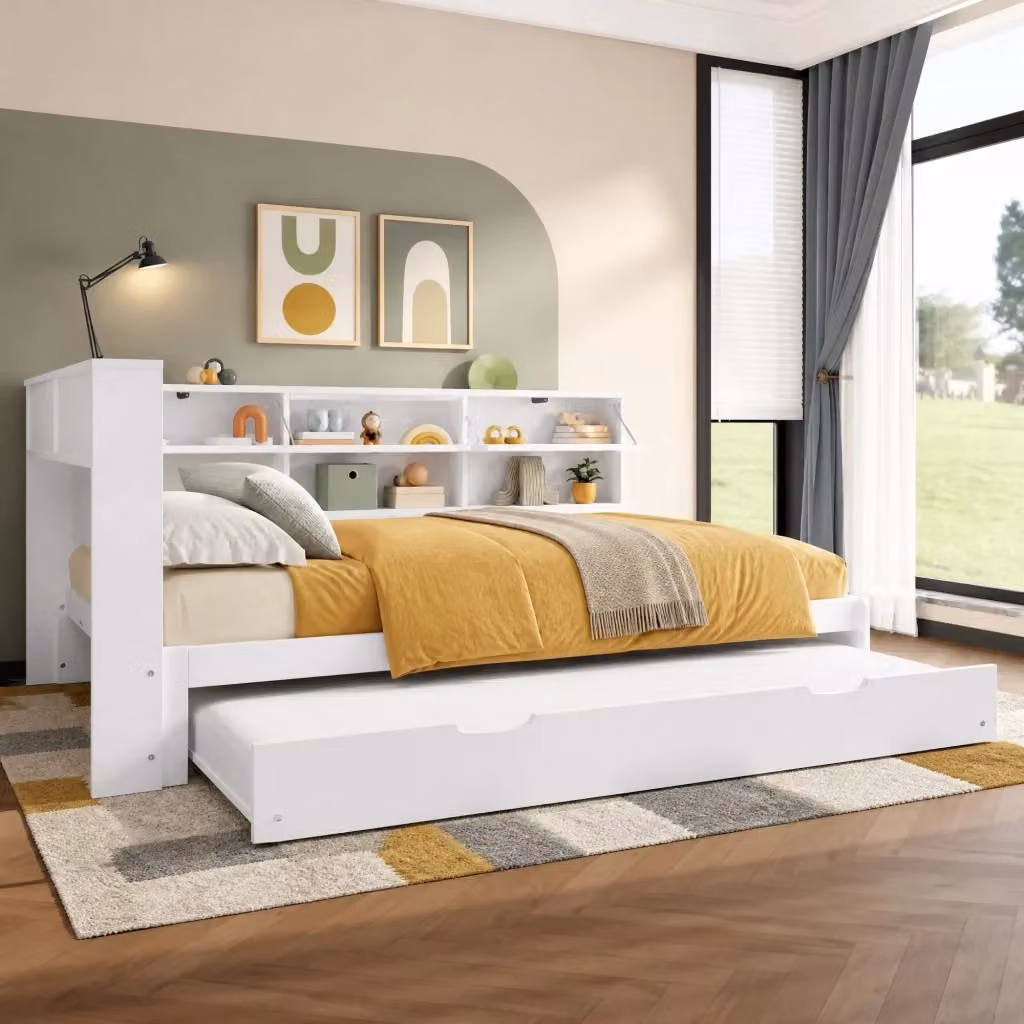 Letto da giorno estraibile REDOM Bianco con testiera contenitore, ripiani laterali e porta USB, L/P/H: 200 x 140 x 88,5 cm – 2