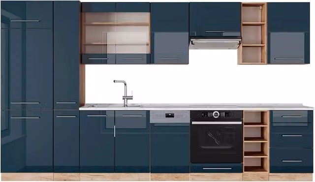 Cucina componibile Fame-Line Vicco Blu scuro lucido e Rovere dorato L: 355 cm