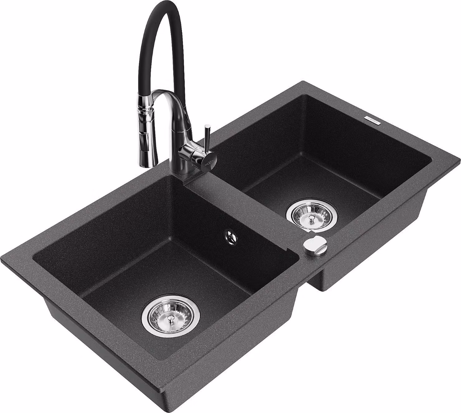 Mexen Mario lavello in granito a 2 vasche con miscelatore cucina Aster, nero maculato - 6504-76-73450-07