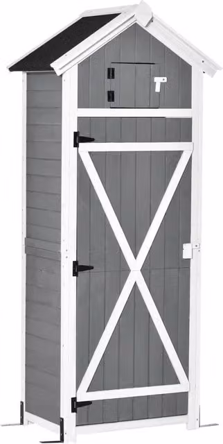 Armadio da Giardino in Legno Grigio Casetta Porta Attrezzi con Tavolo Pieghevole e Ganci per Terrazzo 78x52,5x182cm