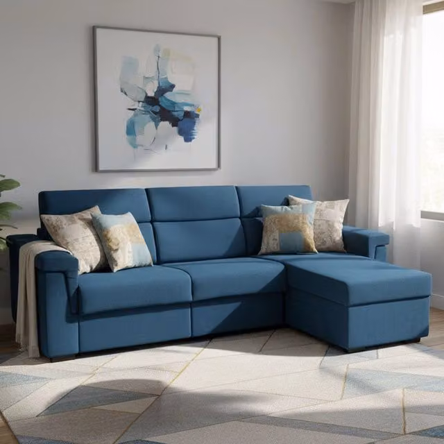 Divano Letto Esca DMORA con Penisola Sfoderabile, Made in Italy, Blu, L/P/H: 285 x 160 x 200 cm