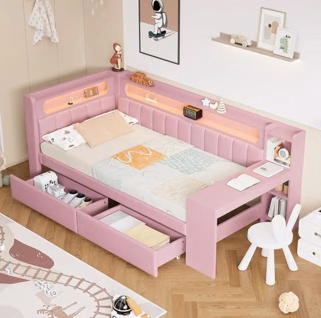 Daybed imbottito 90x200 con USB; LED; scrivania e 2 cassetti; rosa