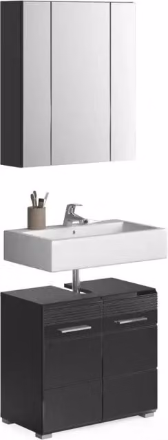 Set di mobili per il bagno: mobile sotto lavabo + armadietto con specchio – Nero lucido – KLEANKIN