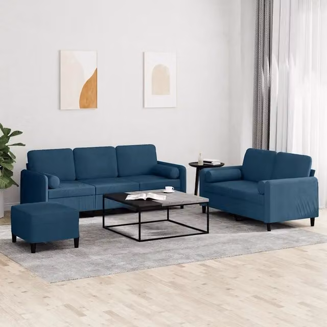 Set di divani moderno vidaXL in velluto blu composto da divano a 3 posti, divano a 2 posti e pouf con funzione letto e cuscini inclusi – 1