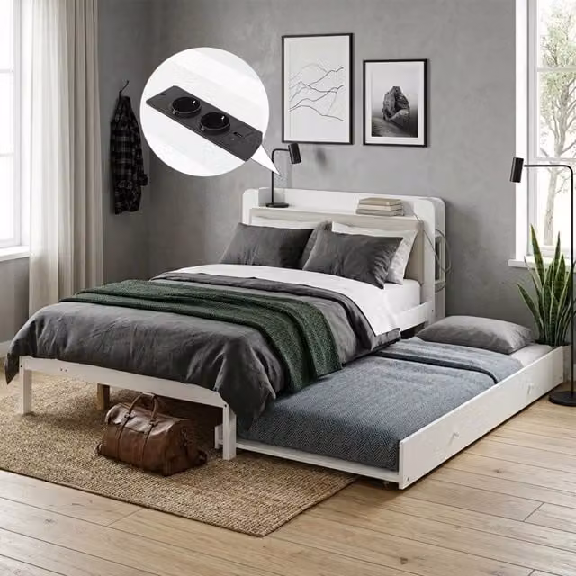 Letto contenitore 120x200 cm Bianco con letto estraibile 90x190 cm, in legno con testiera imbottita, stazione di ricarica, salvaspazio per ospiti