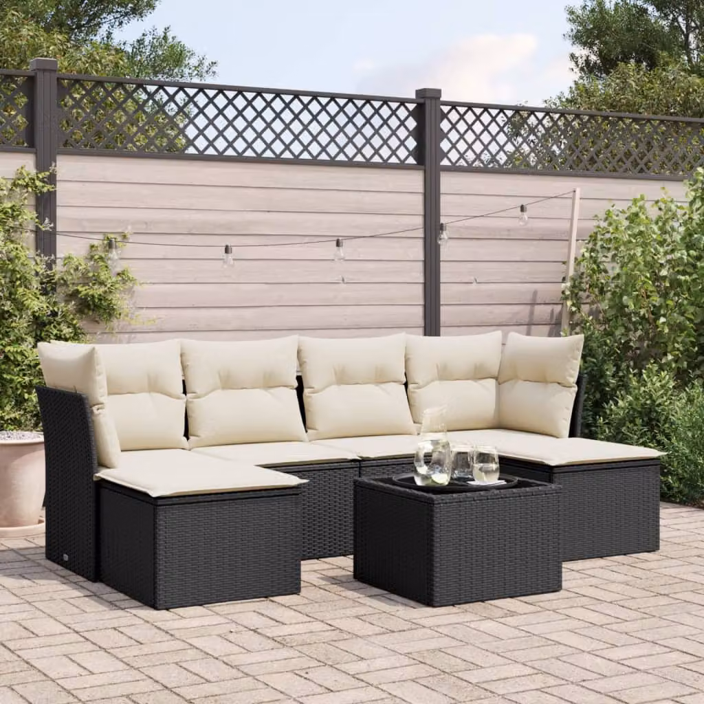 vidaXL Set Divano da Giardino a L con Cuscini 7pz Nero e Bianco in Polyrattan e Metallo – 1