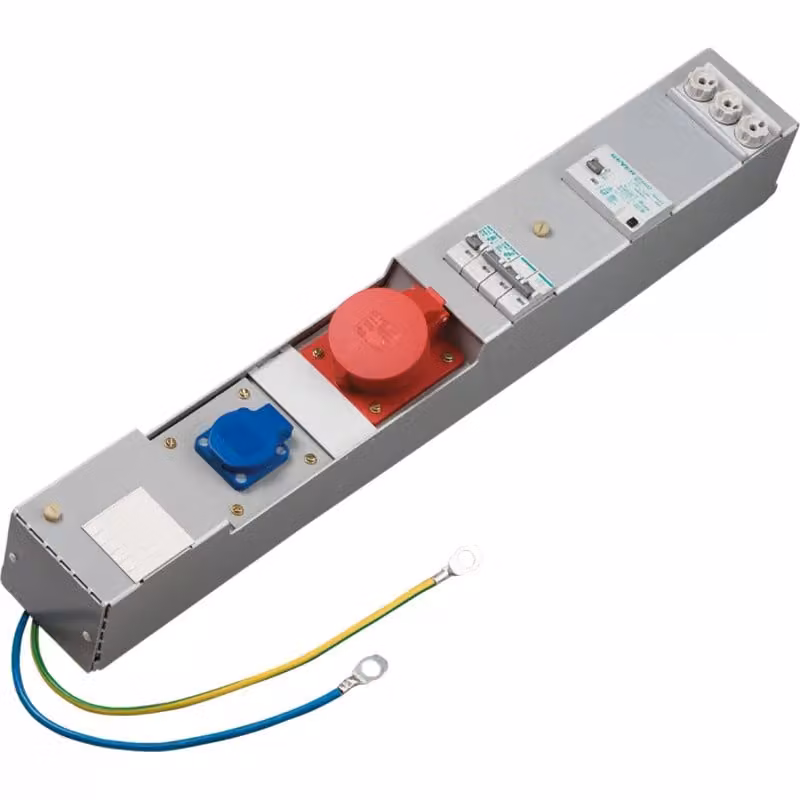 Prese multiple ABN 12L_composte da: 1x CEE 32 A 5 poli, 1x Schuko 16 A, 1x D02 3 poli, 1x FI 40 A/0,03 A 4 poli, LS B EH012L
