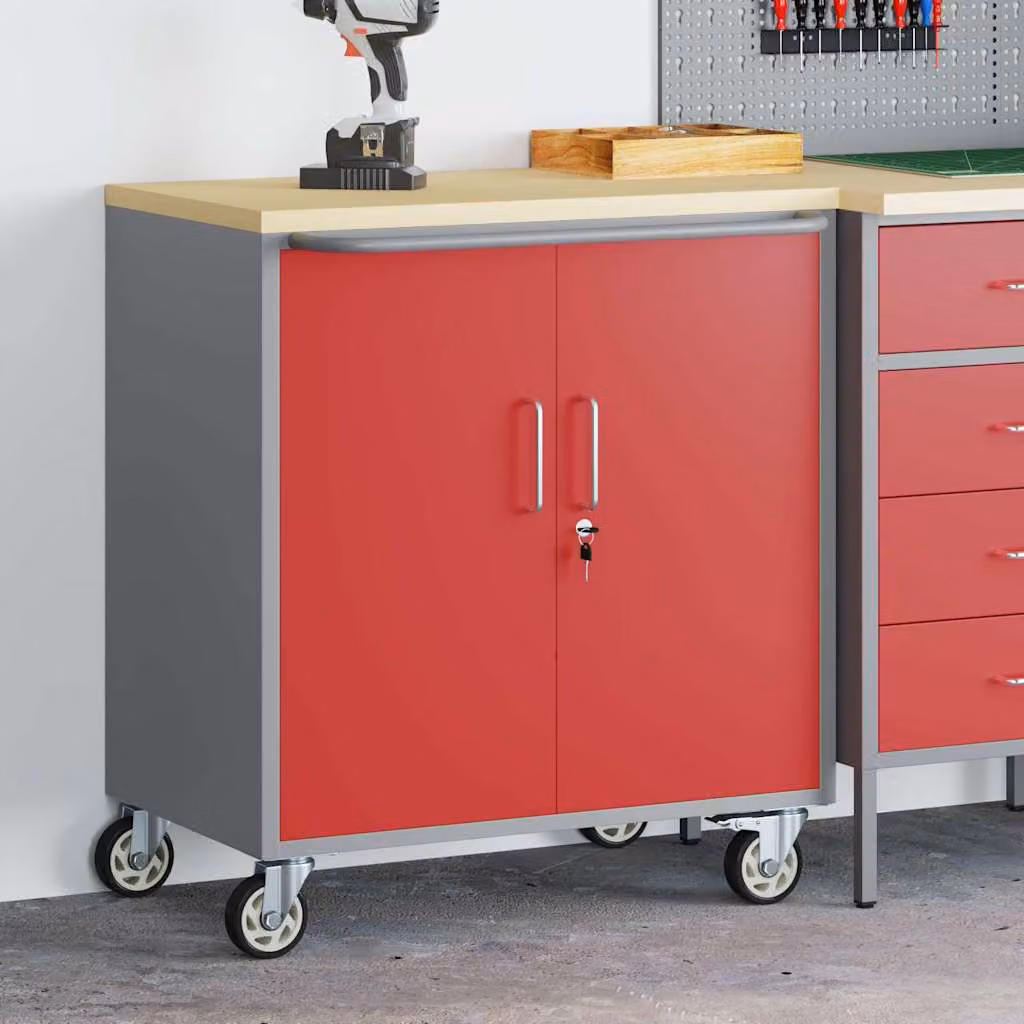 vidaXL Carrello da lavoro a rulli in acciaio, Rosso e Grigio, L 75 x P 45 x H 85 cm
