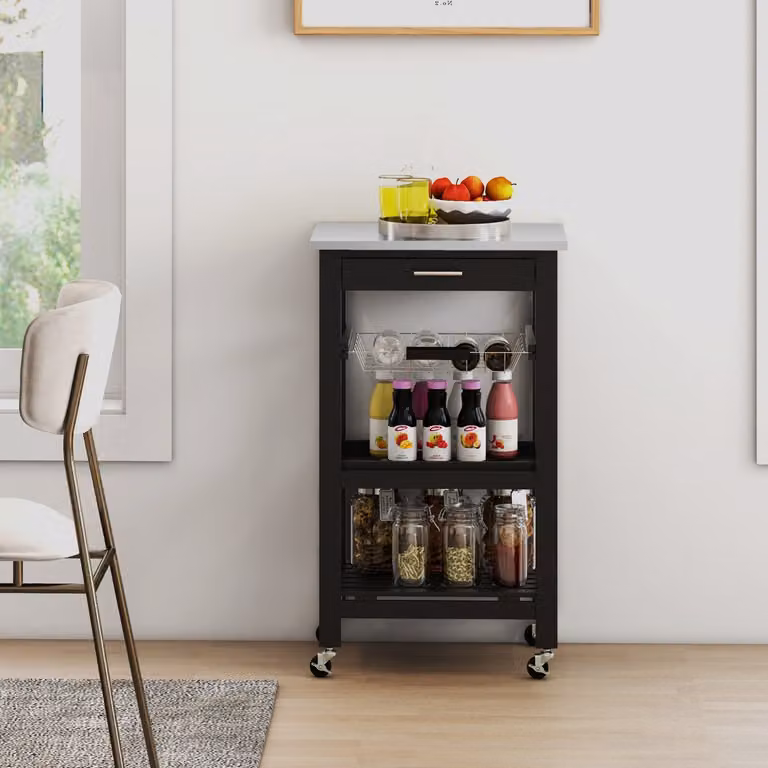 Carrello da cucina Isola Costway a 4 livelli con piano in acciaio inox e cestini in rete, Nero
