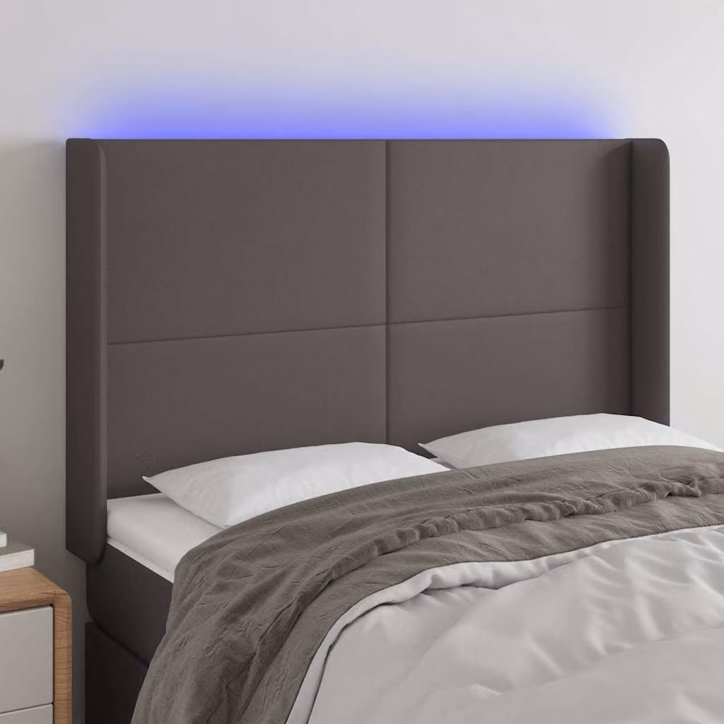 Testiera per letto vidaXL in similpelle grigia con illuminazione LED integrata e porta di ricarica USB, L: 147 cm, P: 16 cm, H: 118-128 cm